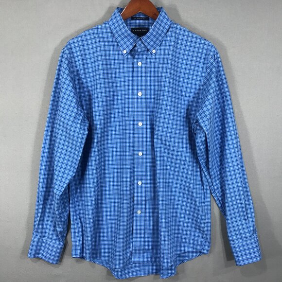 Lands' End Shirt Mens Medium 15 Blue Check Button Down Long Sleeve No Iron Twill - Picture 1 of 11